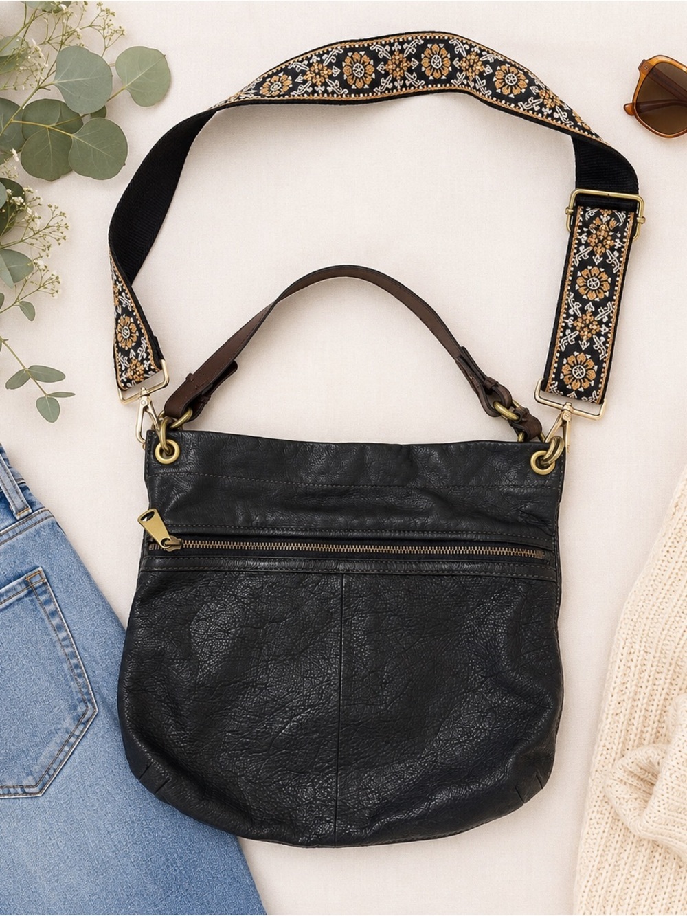 Fossil Black Leather Hobo Shoulder Bag with Adjustable Floral Guitar Strap